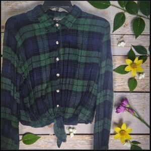 Style Envy Green Blue Plaid Tie Front Button Down Shirt Long Sleeves Cotton Lg